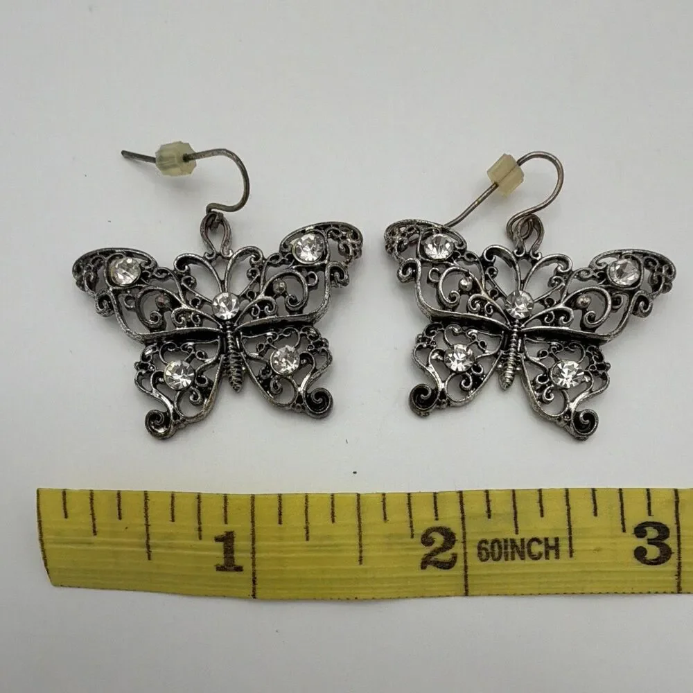 Silver Tone Butterfly Clear Rhinestone Dangle Drop Earrings Hook